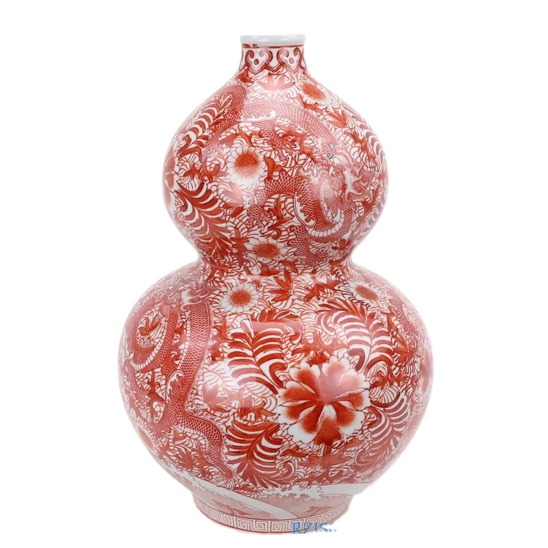 

Chinese Hand Paint glaze red dragon flower design ceramic gourd bottle Vase