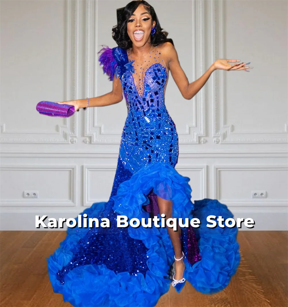 

Seductive King Blue Mirror Pieces Prom Dress For Specail Events Bead Sequin Feather Tulle Ruched Split Black Girl Birthday Party