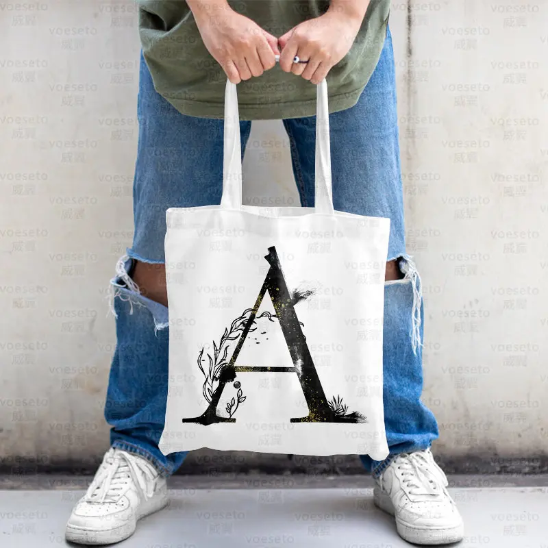 Ink Painting 26 Letter Aesthetic Style Made for University Girl Students Go To School Foldable Shopping Bag Eco Canvas Tote Bags