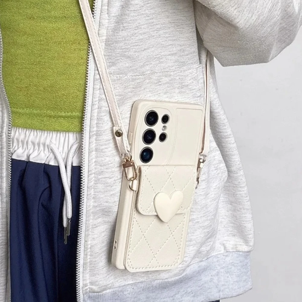 3D Cute Love Heart Crossbody Card Holder Phone Case for Sams