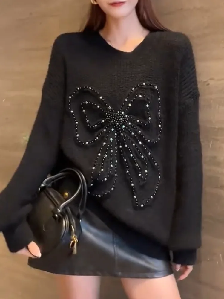 

Корейский свитер с узелками и бисером, женский, модный, больших размеров, облегающий, для повседневной носки, свободного кроя, длинный рукав