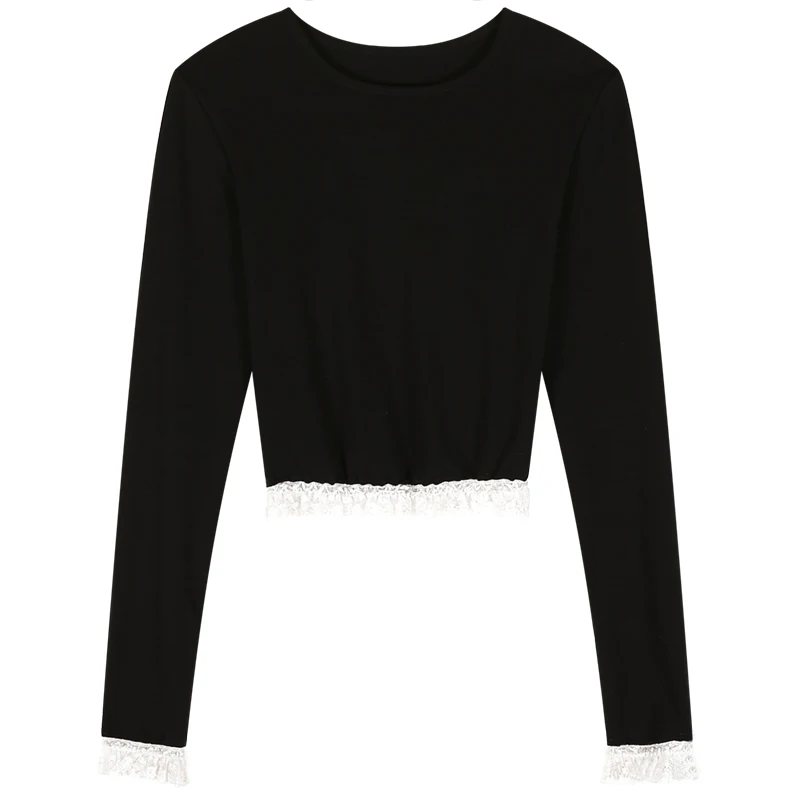 Dentelle épissure longue Sve Base irt femmes automne hiver Bla T-irt sous-vêtements petite taille trajet Sle rond Ne ort Le...