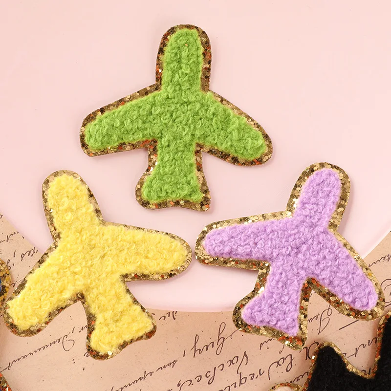 Airplane Gold Glitter Patches Iron on For Clothing Chenille Towel Embroidered Sequins Colorful Appliques for DIY Accessories