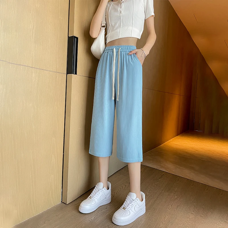 Women Capris Traf Straight Loose Wide Leg Short Pants High Waisted Casual Sweatpants Solid Trousers Y2K Summer Korean Fashion