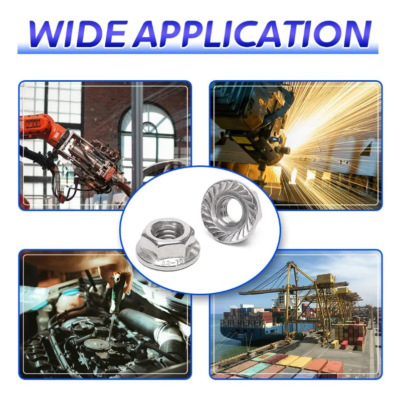 Mur Flens Segi Enam Bergerigi Baja Tahan Karat, Mur Segi Enam Pengunci Sendiri, Pengikat Ulir, Mur untuk Sekrup, Perlengkapan Perangkat Keras, Kit Aneka Ukuran M3-M12