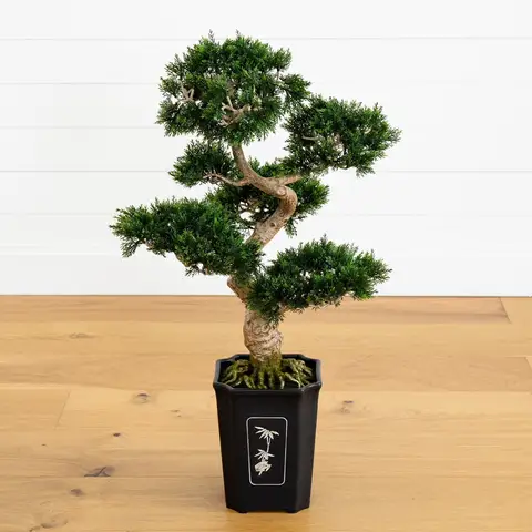 30" Artificial Cedar Bonsai Tree w/517 Lvs in Square Black Vase.