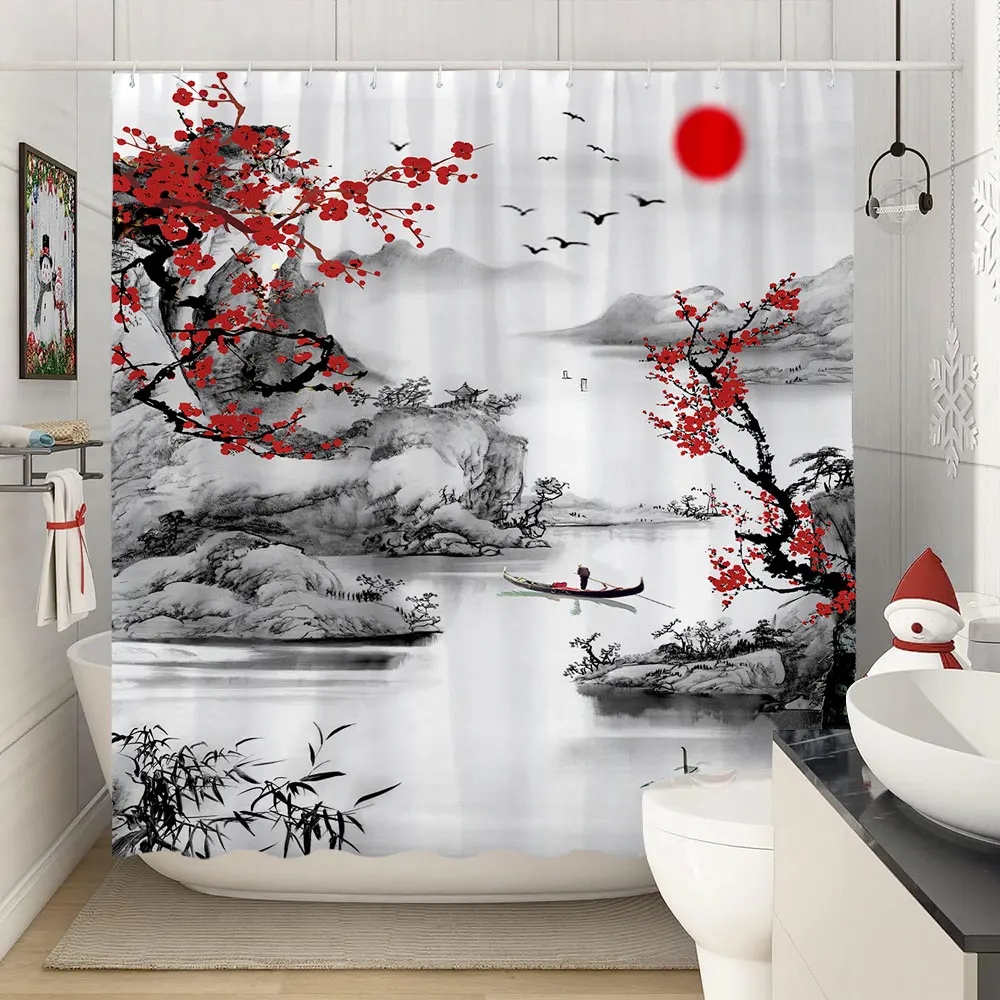 Shower Curtain Red Plum Blossom Branch Japanese Chinese Oriental Sun Misty Mountains Ink Nature Landscape Bathroom Curtains