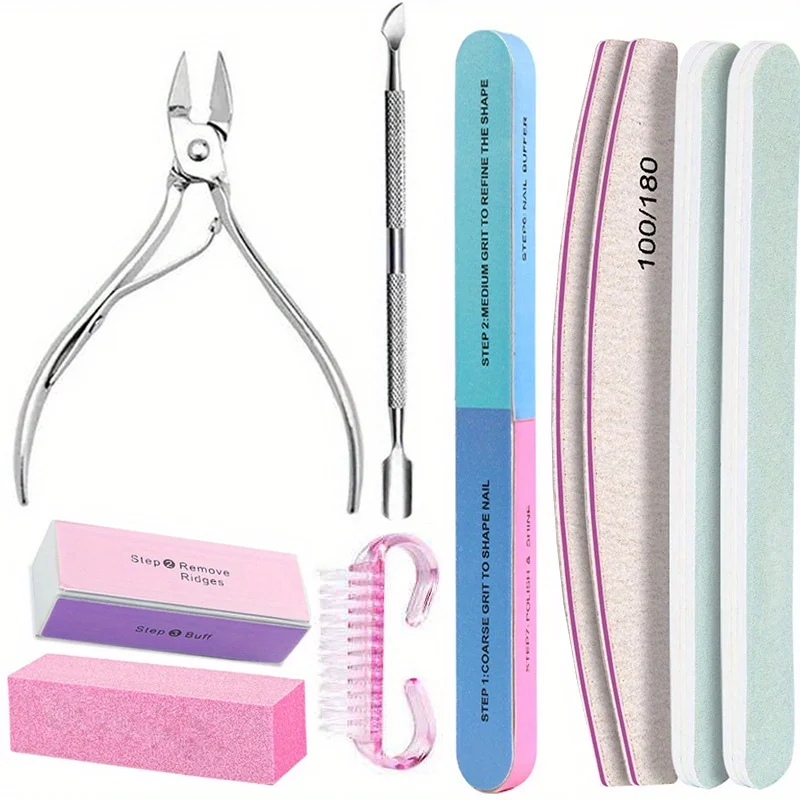 10 Stück/Set Nagelpflege-Set mit 100/180 Körnung Professionelle Feilen, Buffer-Schwammblock, Bürste, Nagelschere und Nagelhautzange – Detail 8