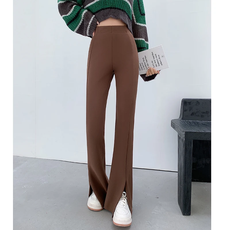 

QOERLIN High Waist Split Casual Black Pants Women Stretch Micro-Cropped Pants Skinny Slim Casual Straight Trousers Female 2024