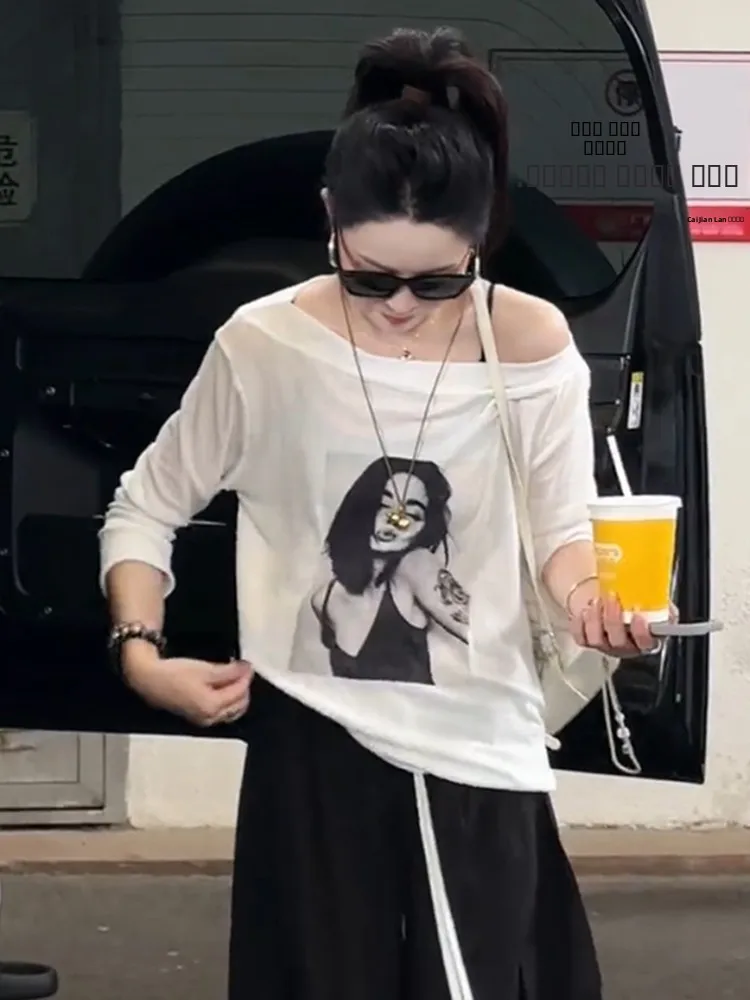 Camiseta Solta de Manga Longa com Estampa para Mulheres, Nova Camiseta Casual Ultra Solta de Verão com Proteção Solar e Design Fashion