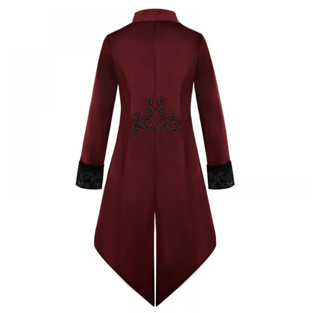 Men's Steampunk Medieval Vintage Burgundy Red Tailcoat Jacket Renaissance Vampire Gothic Victorian Frock Coat Halloween Costume