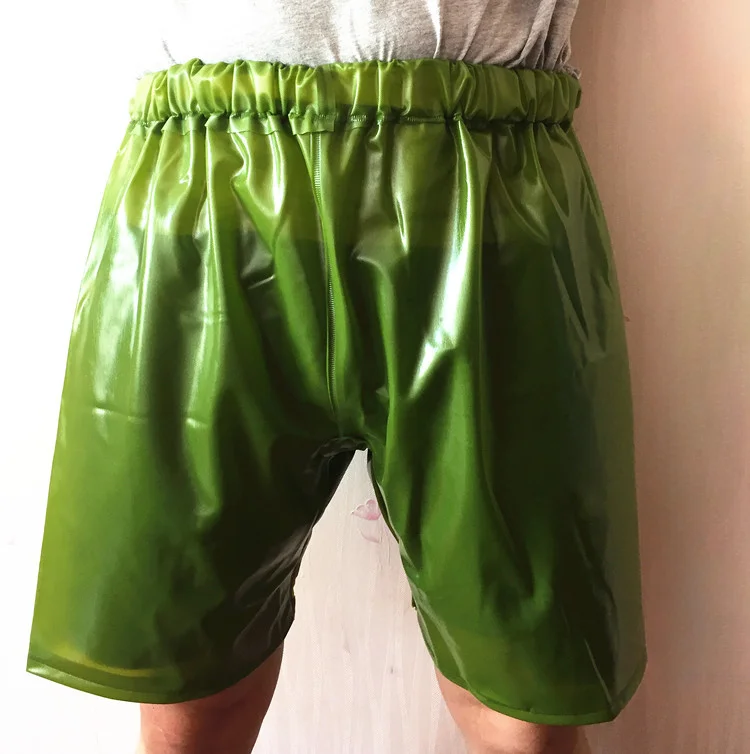 Men Fashion PVC Green Man Shorts Waterproof Jumpsuit Anti-Dusty Short pants Sexy Costumes Club Private Party Hip-hop Streetwear