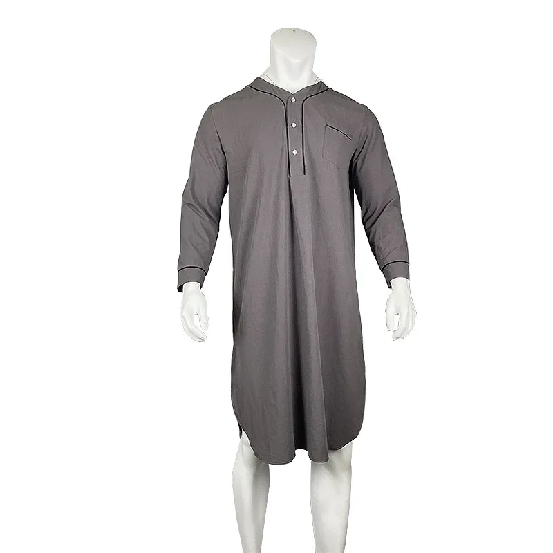 Mens Solid Color Robes Saudi Style Man Vintage Long Sleeve V Neck Muslim Arabic Islamic Clothing Nightgown