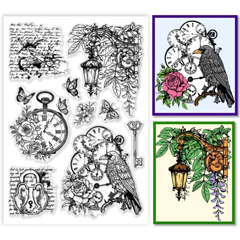 Retro Streetlights Clear Stamp Film Frame Rubber Stamps Crow Lock Key Butterfly Flower Silicone Stamp for Card