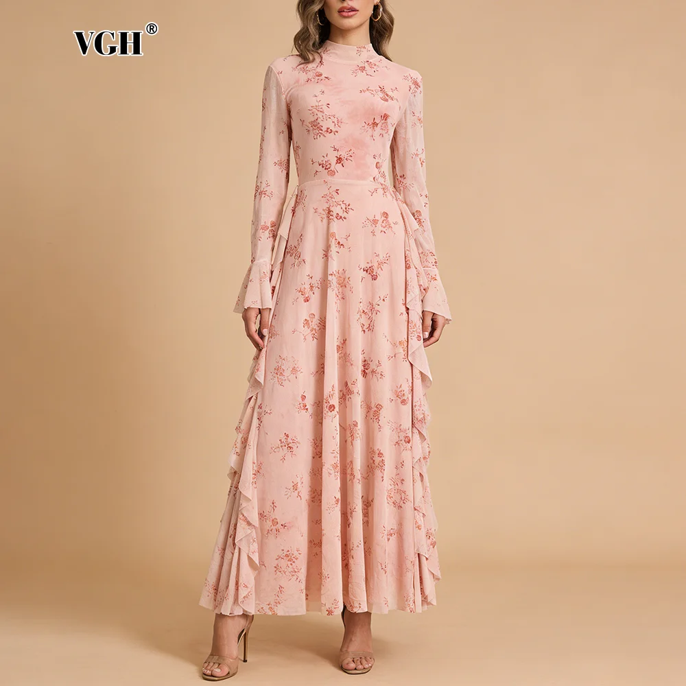 

Элегантное ретро-платье макси VGH с принтом розовых роз, длинными рукавами, высоким воротником и асимметричной юбкой с оборками для офиса и повседневной носки