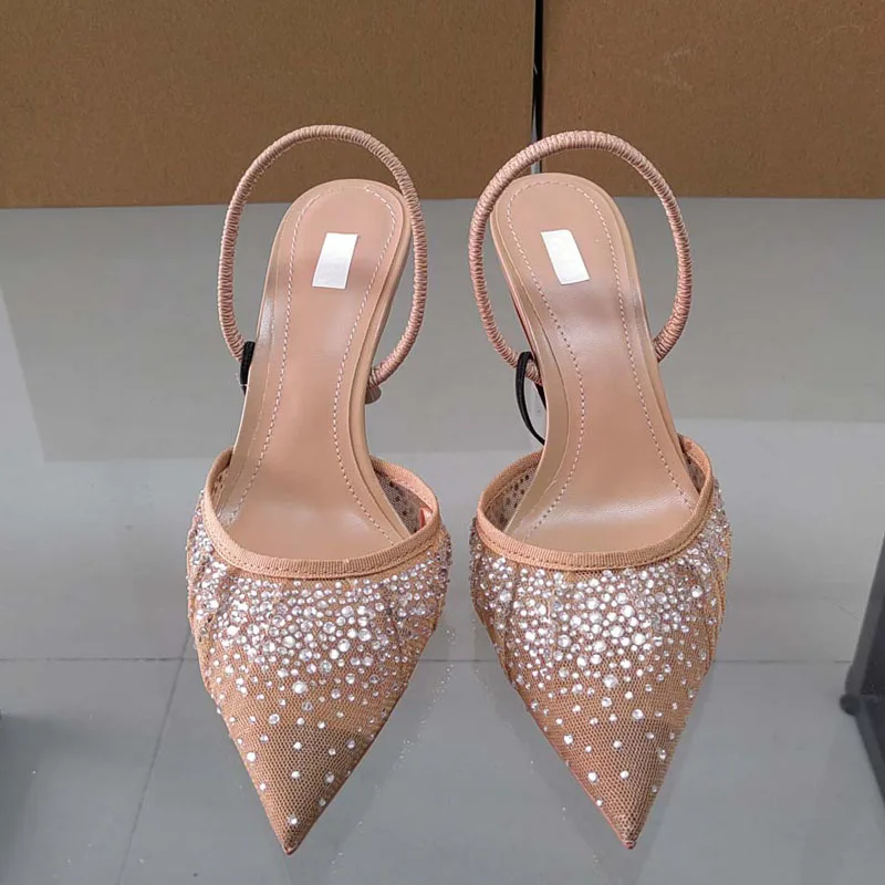 PSEEWE 2024 seksowna siatka Rhinestone damskie czółenka buty letnie Slingback sandały na wysokim obcasie kobieta szpiczaste eleganckie buty damskie