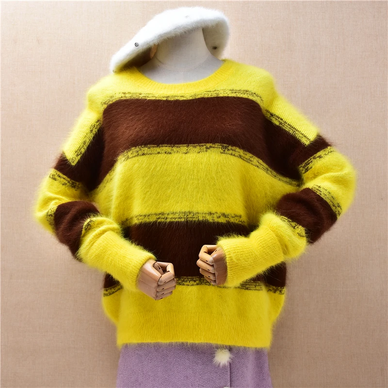 

Women Mujer Autumn Winter Clothing Fashion Striped Hairy Angora Rabbit Hair Knitted O-Neck Loose Pullover Sweater Jumper Pull