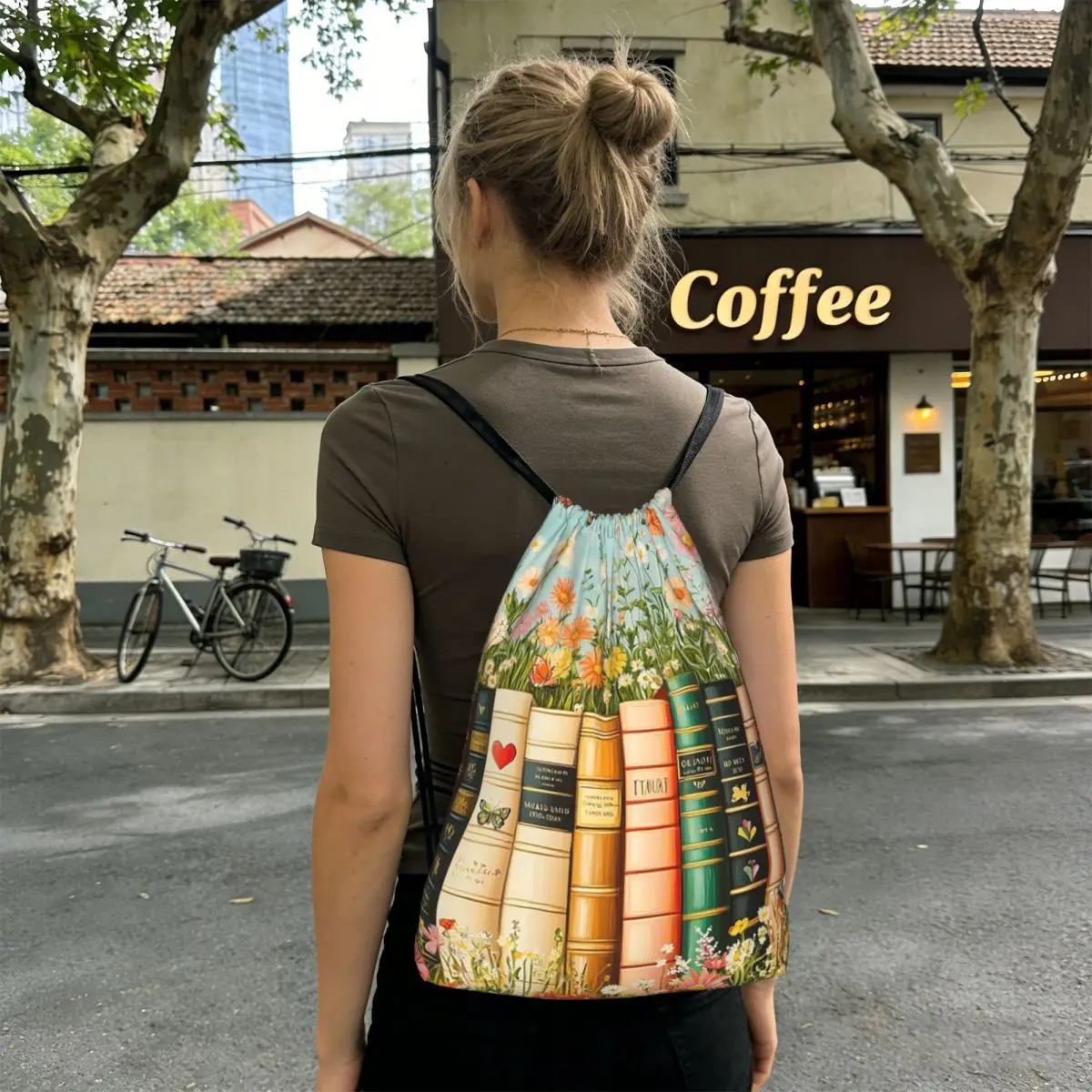 Floral Bookshelf Book And Flower Backpacks Fashion Drawstring Bundle Pocket Shoes Bag Book Bags for Travel Students