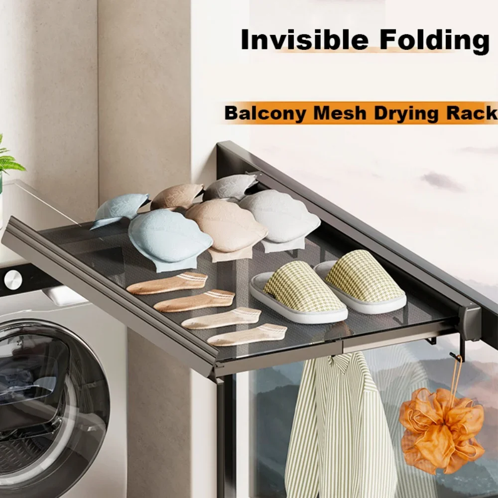 Wall Mounted Foldable Clothe Drying Rack with Hook Hidden Retractable Bathroom Accessory Balcony Drying Net Durable Clothe Stand