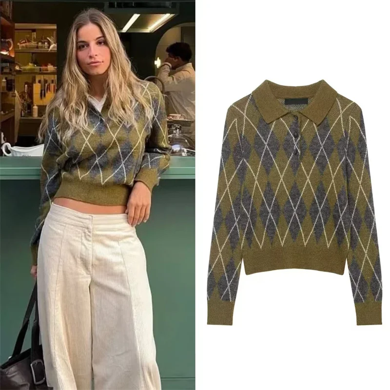 

Women's Top 2025 Winter New Yellow-Green Argyle Long-Sleeve Polo Collar Knit Pullover Casual Fashion Versatile