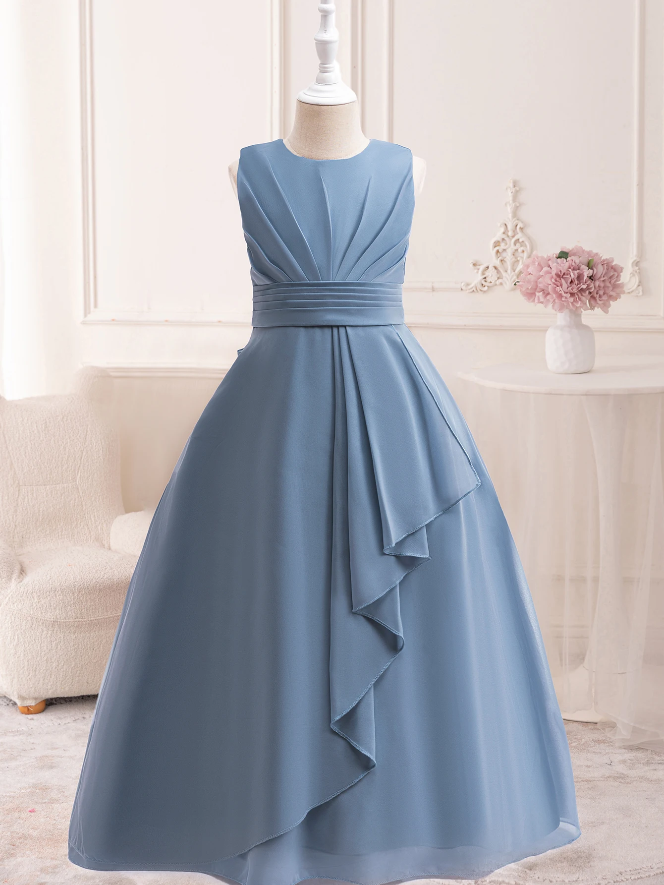 

Подходит для девочек-подростков, свадеб, вечеринок с цветочным узором, элегантное серо-синее шифоновое платье с плиссированной талией, облегающее платье