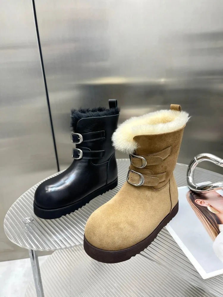 British Style Women Belt Buckle Ankle Boots Fleece Lining Slip-on Snow Boots Winter Warm Genuine Cowhide Thick Soled Footwear
