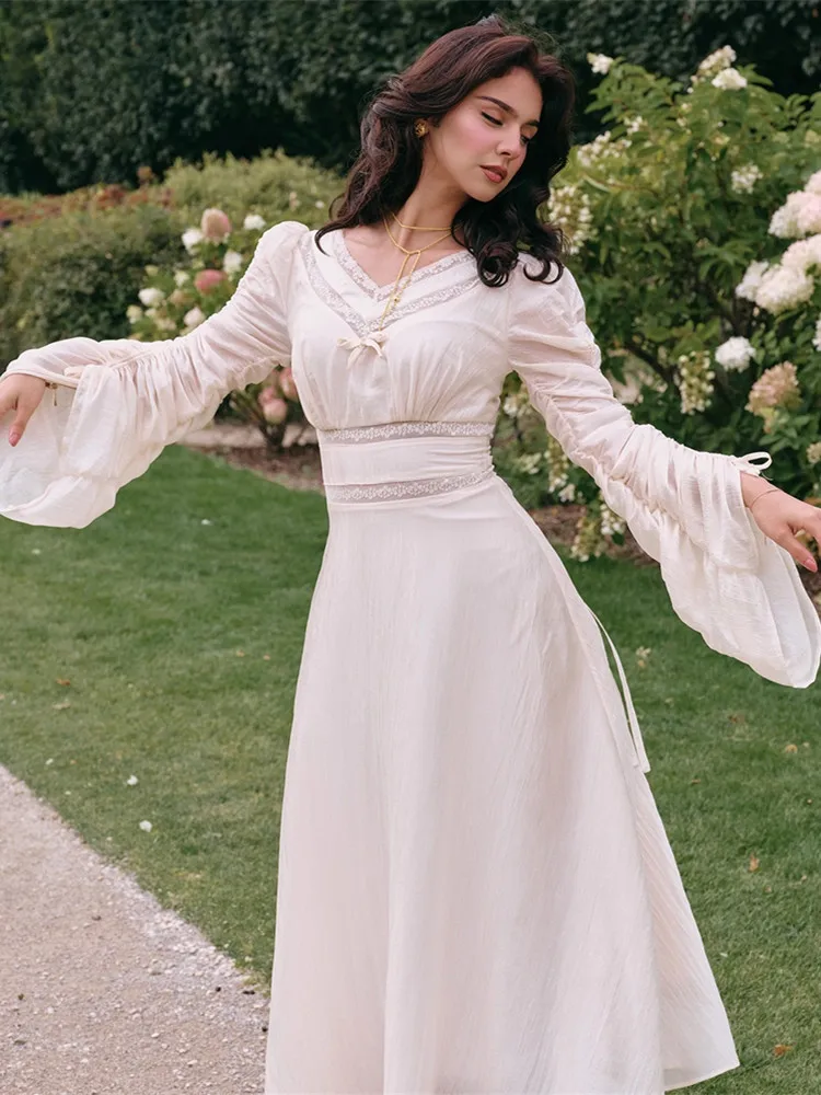 86-100 سنتيمتر التمثال ربيع الخريف الأبيض ماكسي فساتين للنساء خمر المحكمة الفرنسية نمط أنيق سليم الخامس الرقبة خلات الساتان فستان طويل