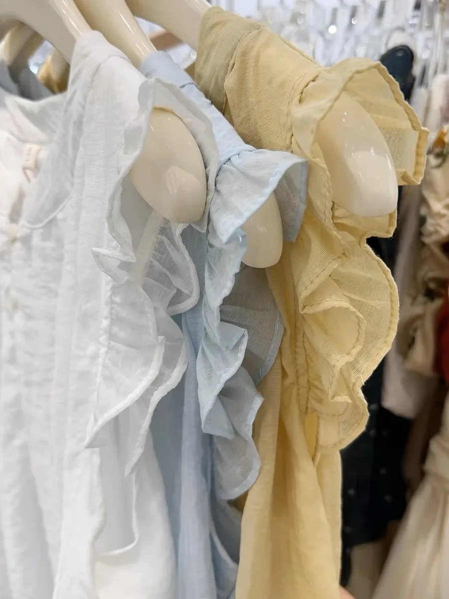 Nowa, jednolita, bawełniana lniana bluzka damska na lato, artystyczna, słodka, odmładzająca, w stylu lalki, luźny krój, casualowa, z okrągłym dekoltem.