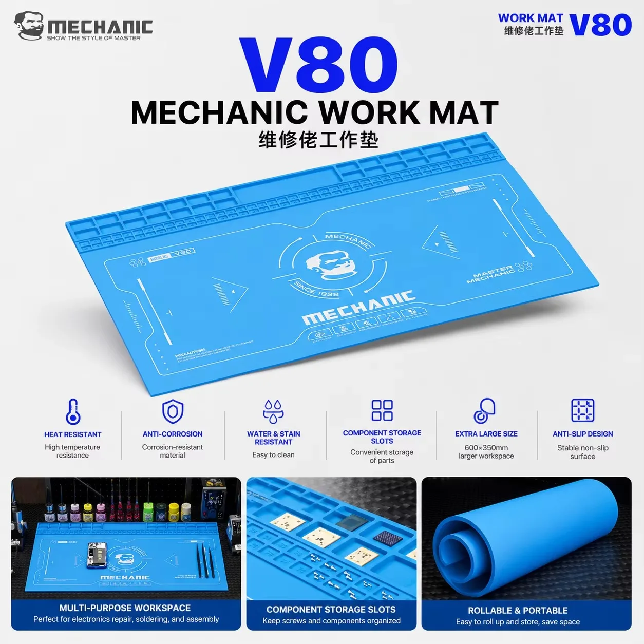 MECHANIC V80 Multifunktionale Reparatur-Arbeitsmatte für die Wartung von Mobiltelefonen, weiche Wärmeisolierung, Motherboard-Fixiermatte, Werkzeuge – Detail 2