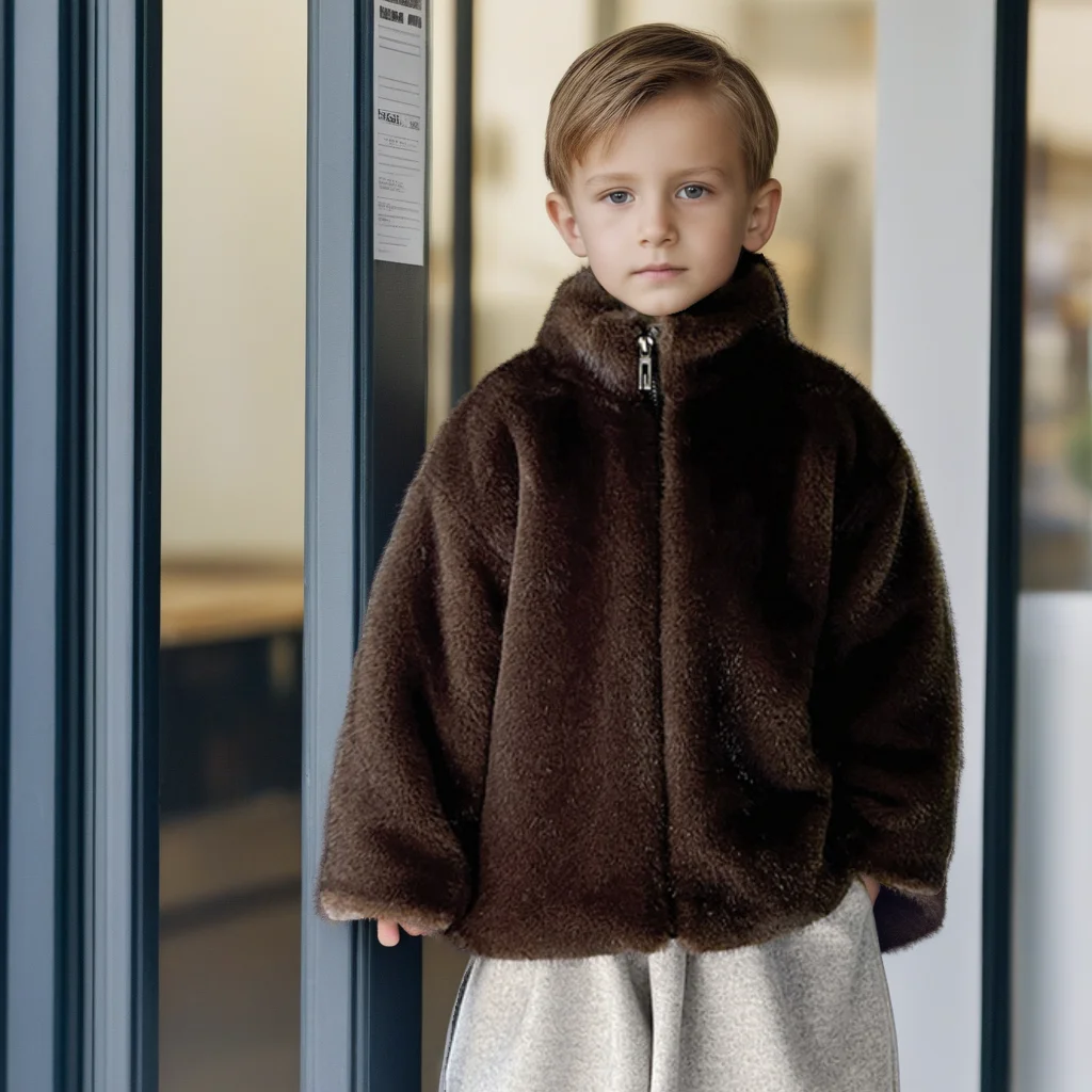 

Зимнее пальто из искусственной норки для мальчиков, толстая теплая коричневая куртка с плюшевым мехом для детей, модная плюшевая экологически чистая верхняя одежда, детский праздничный наряд