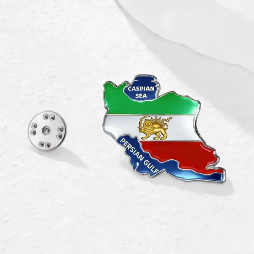 Fashion Iranian Flag Brooch Lion Sun Flag Brooch Stainless Steel Persian Gulf Caspian Sea Geography Brooch Patriotic Souvenir