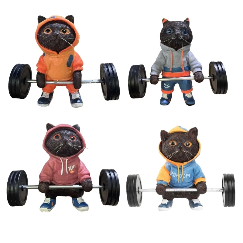 New Cats Figurines Home Decors Fitness Barbell Cats Statue Sculpture Collectible