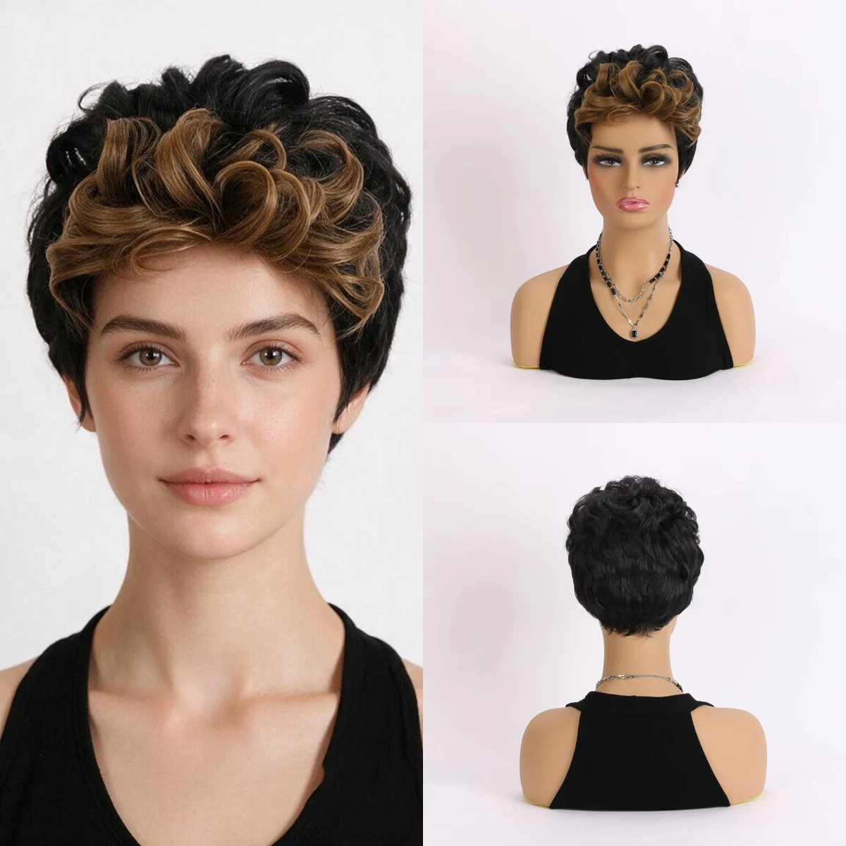 Synthetic Short Curly Pixie Cut Black Mixed Brown Bangs Wig for Women Daily Party Cosplay Fake Hair Heat Resistant
