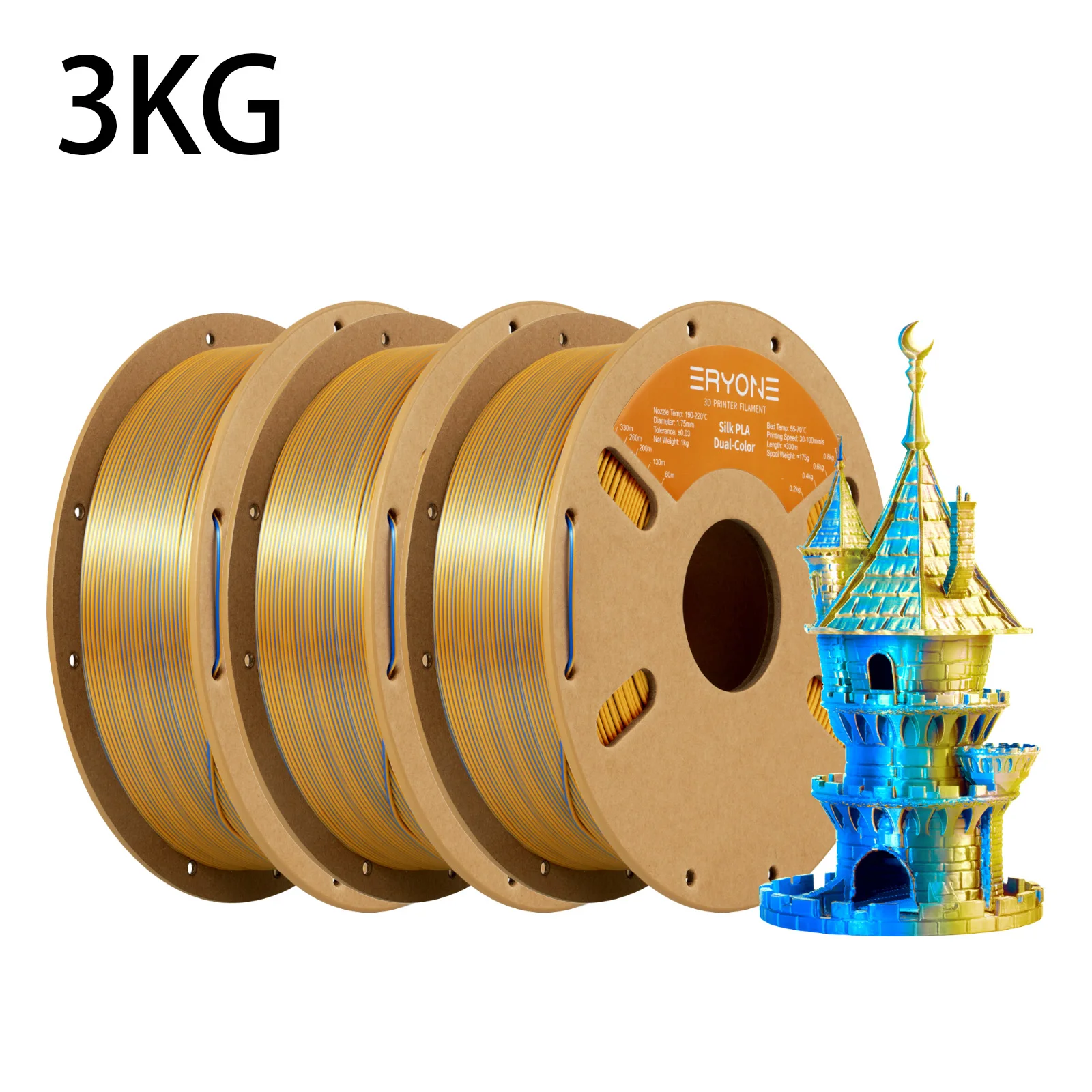 ERYONE 3KG PLA Dual Color Silk PLA Filament Compatibel met FDM 3D-printers 1KG 1,75 mm ±0,03 mm Perfecte spoelwikkeling 1kg spoel