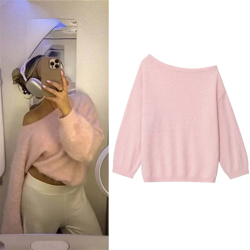 

Женский топ, осень 2023, новинка розового цвета с длинным рукавом на одно плечо, свободный трикотаж во французском стиле, повседневный, ленивый, модный, индивидуальный