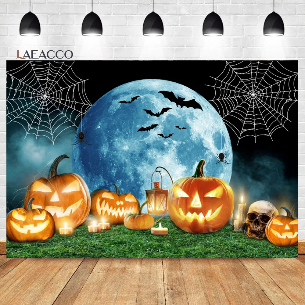 Laeacco Halloween Horror Castle Backdrop Gloomy Forest Scary Cemetery Pumpkin Lantern Bat Party Decor Photography Background