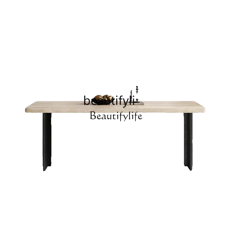 

French travertine rock slab dining table and chair combination simple rectangular designer dining table