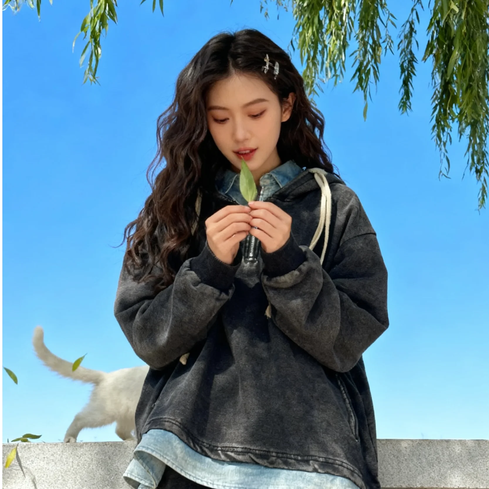 

Ретро-толстовка с флисовой подкладкой, оверсайз, в американском уличном стиле, для женщин больших размеров, осенне-зимняя, повседневная, универсальная, свободная кофта