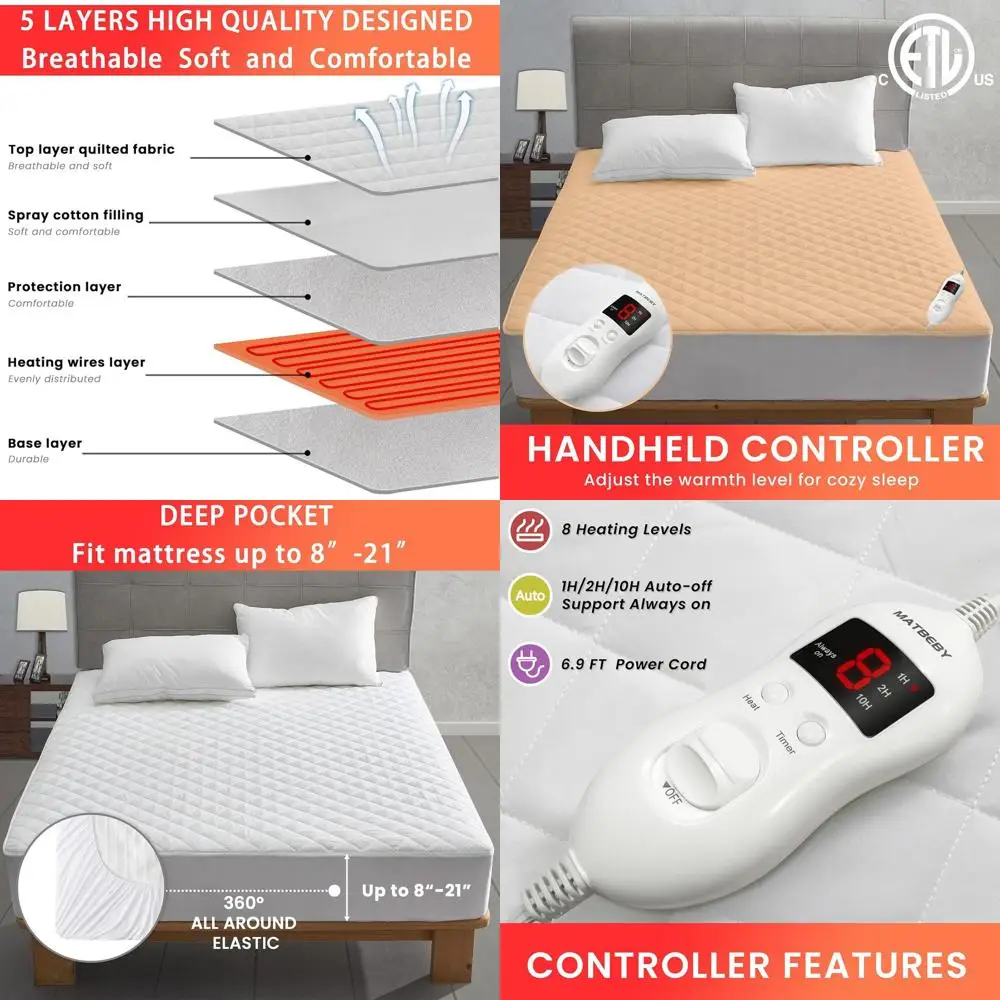 

Twin Size Electric Mattress Pad with 8 Heat Settings, 4 Auto-Off Options, Deep Pocket, Machine Washable, White