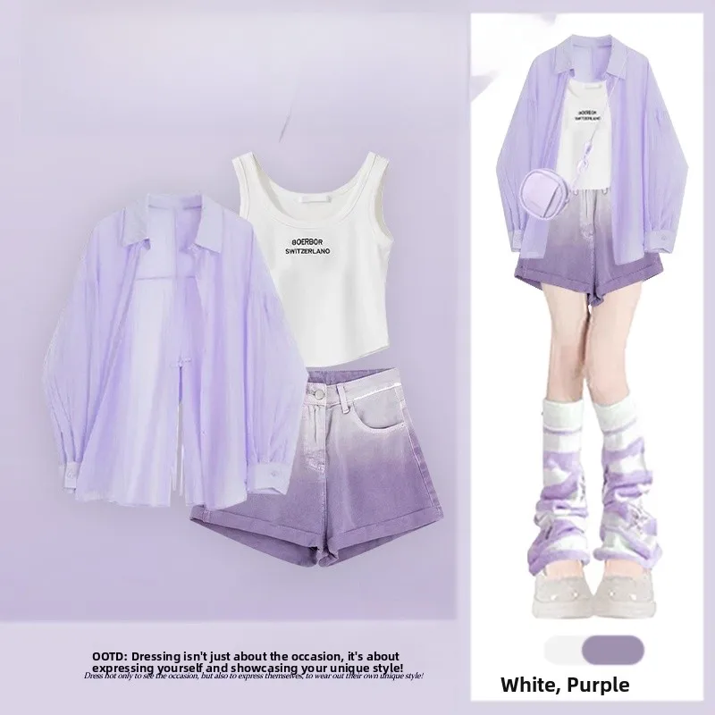 Summer Dopaamine Women's Fashion Set Purple Sun Protection Shirt Strap Short Shorts Three-piece Set Slimming Effect  Collar