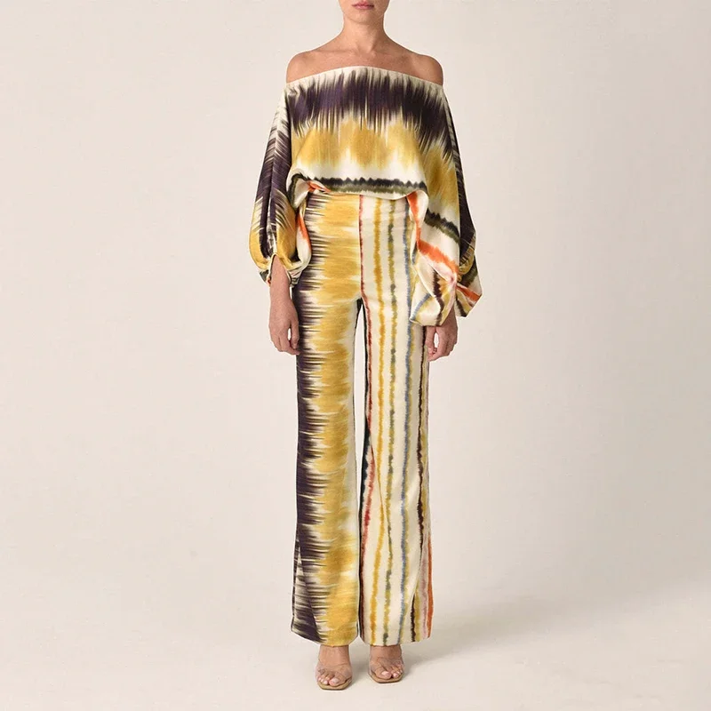 Sexy One Shoulder Two Piece Sets Fashion Print Blouse Lantern Long Sleeve Shirt Top & Elastic Higt Waist Wide Leg Pants Suit