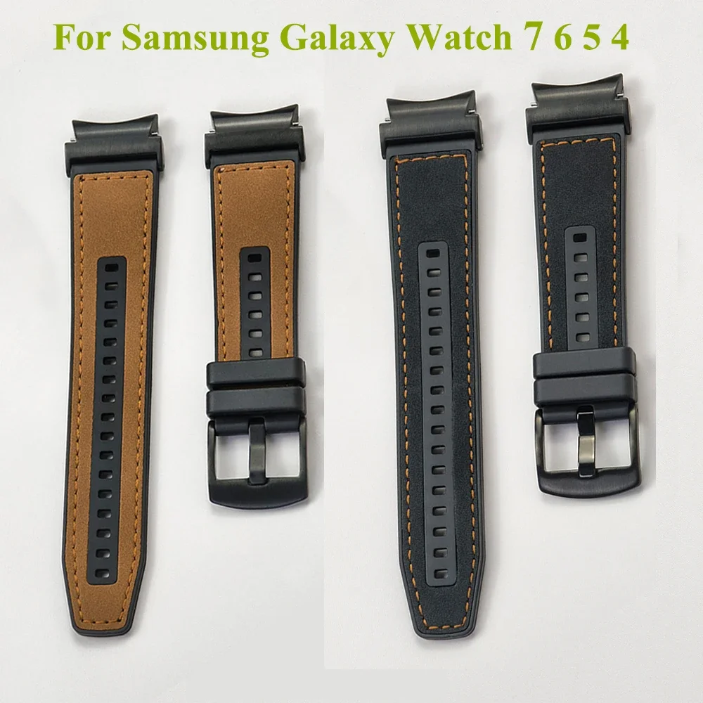 Silicone+Leather Strap for Samsung Galaxy Watch 7 6 5 4 40 44mm Replacement No Gaps Bracelet for Galaxy Watch 6Classic 43mm 47mm
