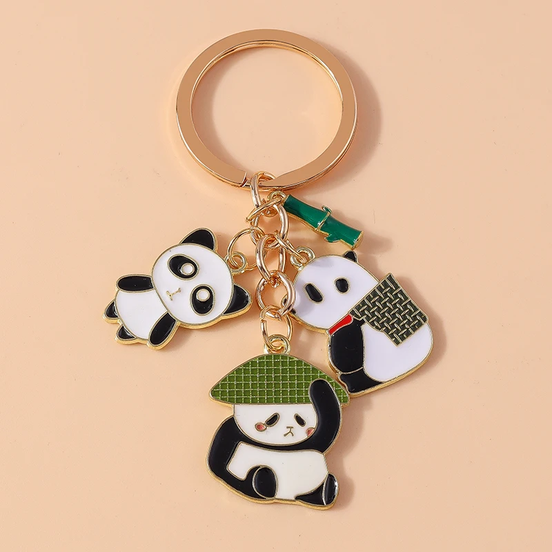 Lovely Enamel Panda Keychain Bamboo Keyring for Men Women Car Key Holder Handbag Pendant DIY Handmade Jewelry Gift