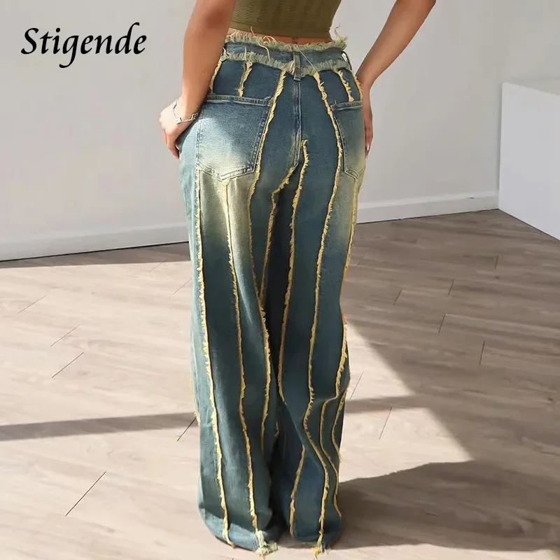 Stigende Women Distressed Wide Leg Straight Denim Pants Trendy Shredded Pleated Jeans