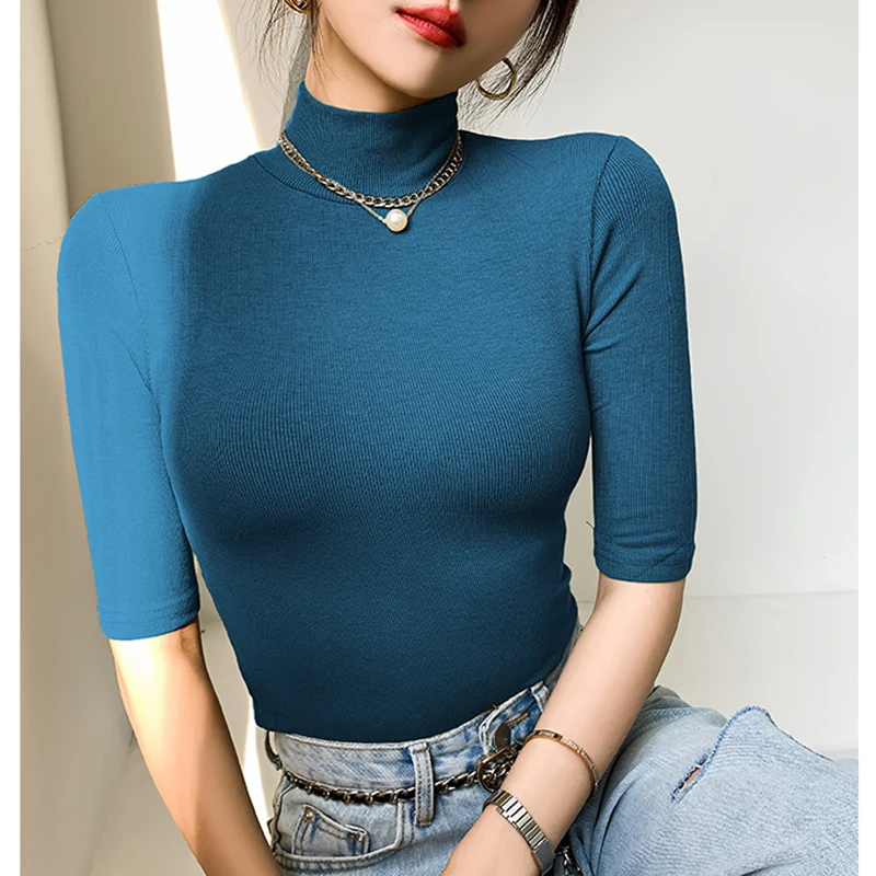 Black Short Sleeve T-shirt Women Basic Turtleneck Slim T Shirt Cotton Ladies Tshirt Casual Elasticity Tee Shirt Femme Woman Top