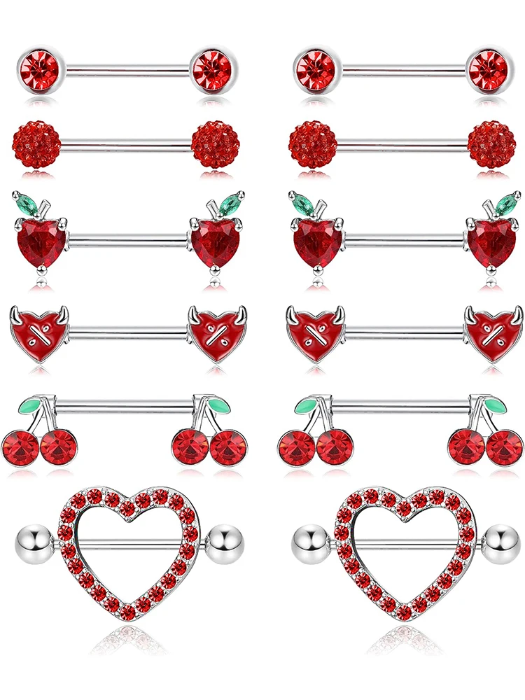 KUNIU 12pcs Fashion y2k Heart Shaped Apple Cherry Fruit Little Devil Heart Shaped Breast Ring Women Body Piercing Jewelry Set