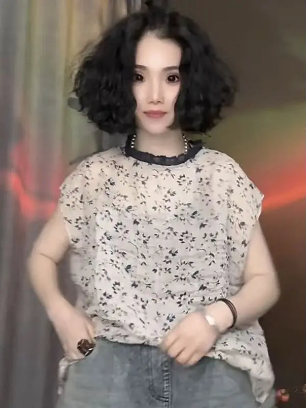 

Summer 2025 Trendy Floral Splicing Loose round Ne ort Sve Women's Chiffon irt Bla Wood ain Slimming Effect