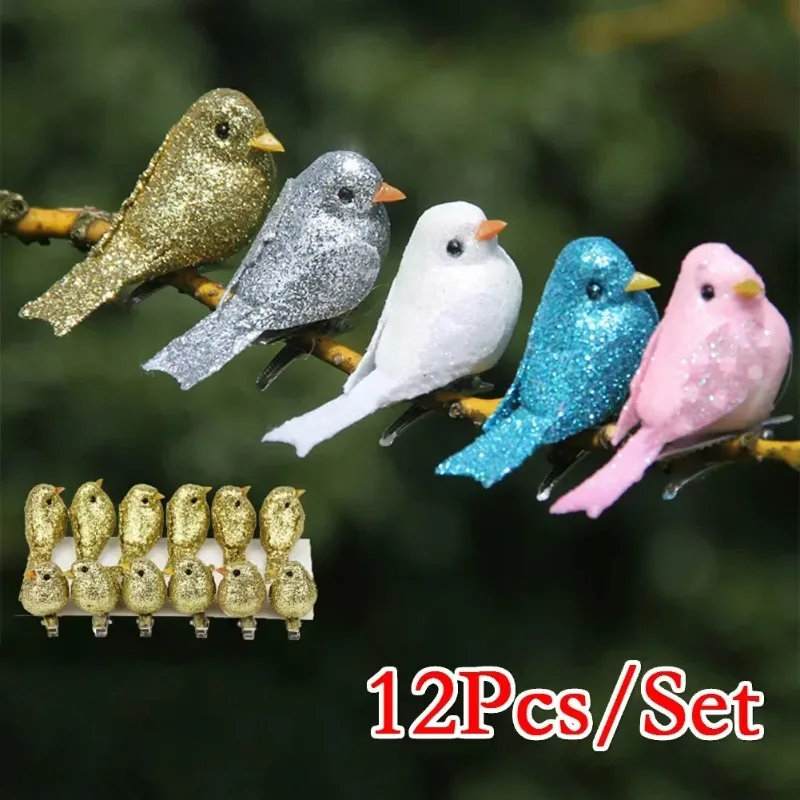 Creative 2026 New 12 Pieces/set Artificial Simulation Foam Bird Set Mini Bird Ornaments Glitter DIY Garden Decoration Crafts