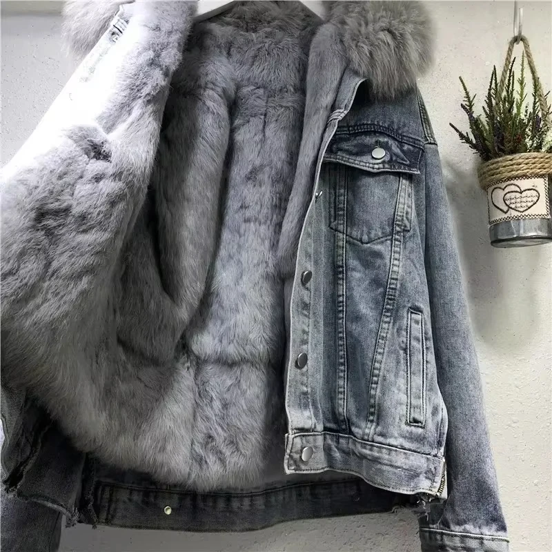 Women Denim Cost Single Breasted Button Jackets Fleece Patchwork Cardigan Pockets Outerwear Casual Warm Solid Loose Fit