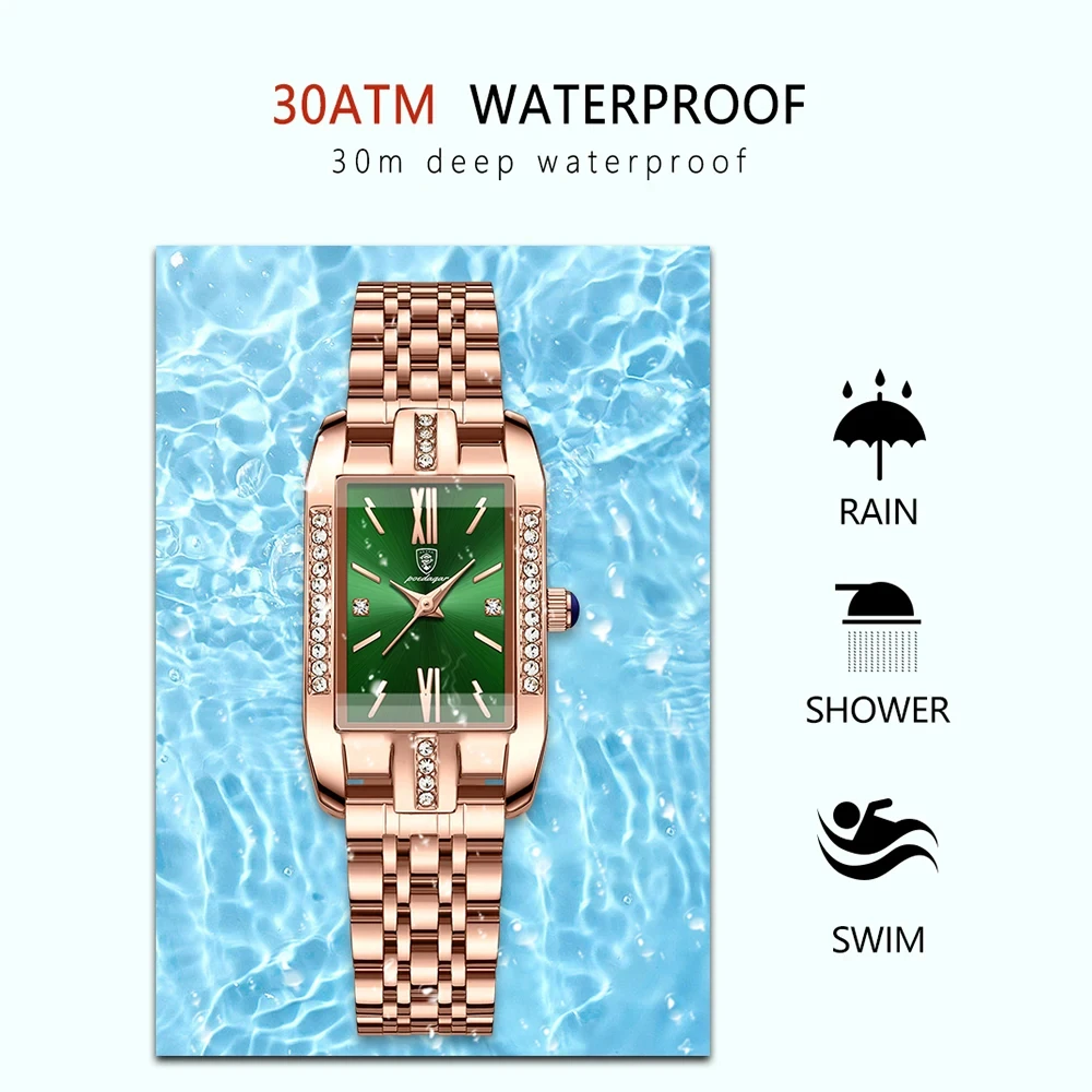 POEDAGAR Women Watch Fashion Luxury Diamond Green Dial Square Quartz Watches Stainless Steel Waterproof Ladies Wristwatch Gift